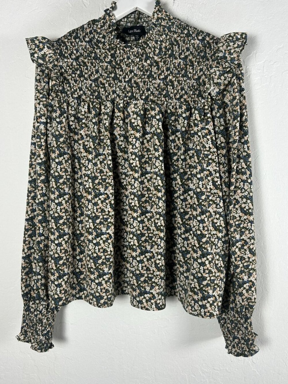 Lea & Viola Womens Floral Smocked Long Sleeve Blouse Top Large High Neck Ruffle
